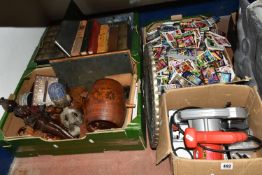 FOUR BOXES OF TREEN, ANTIQUARIAN BOOKS AND A COLLECTION OF TOPPS TRADING CARDS, to include Topps