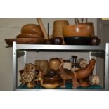 A QUANTITY OF TREEN, to include carved wooden ducks and other birds, various bowls, two Vitra Design