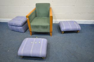 A GREEN UPHOLSTERED AND BEECH BOX FRAME ARMCHAIR, along with three purple footstools (condition