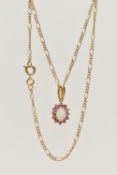 A 9CT GOLD RUBY AND OPAL PENDANT NECKLACE, the pendant of an oval form, claw set with an oval