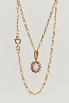 A 9CT GOLD RUBY AND OPAL PENDANT NECKLACE, the pendant of an oval form, claw set with an oval