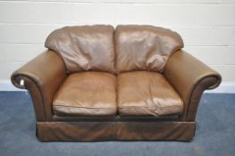 A LAURA ASHLEY BROWN LEATHER TWO SEATER SETTEE, length 156cm x depth 95cm x height 84cm (condition