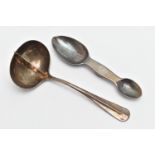 A GEORGE VI SILVER MINT SAUCE LADLE WITH PERFORATED DIVIDER TO THE BOWL AND A VICTORIAN SILVER