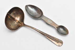 A GEORGE VI SILVER MINT SAUCE LADLE WITH PERFORATED DIVIDER TO THE BOWL AND A VICTORIAN SILVER