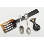 A CARVED HORN CADDY SPOON AND CUTLERY, carved horn spoon with silver mount to the handle, hallmarked