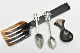 A CARVED HORN CADDY SPOON AND CUTLERY, carved horn spoon with silver mount to the handle, hallmarked