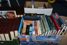 FIVE BOXES OF BOOKS containing approximately sixty-five titles in hardback and paperback formats