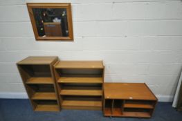 TWO OPEN BOOKCASES, a teak rolling cabinet, and a wall mirror (condition - surface marks, scuffs and