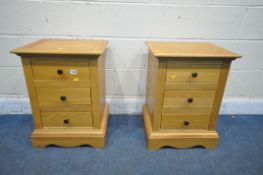 A PAIR OF SOLID OAK THREE DRAWER BEDSIDE CABINETS, width 45cm x depth 41cm x height 61cm (