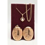 A 9CT GOLD LOCKET AND A PENDANT NECKLACE, oval floral detailed hinged locket, opens to reveal two