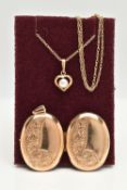 A 9CT GOLD LOCKET AND A PENDANT NECKLACE, oval floral detailed hinged locket, opens to reveal two