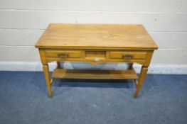 AN EDWARDIAN ASH WASHSTAND, with two frieze drawers, on square tapered legs, united by an