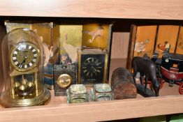 A GROUP OF CLOCKS AND ORIENTAL ORNAMENTS, comprising a games box decorated with a Japanese garden