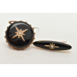 TWO LATE VICTORIAN ONYX AND SPLIT PEARL MEMORIAL BROOCHES, the first of circular outline with