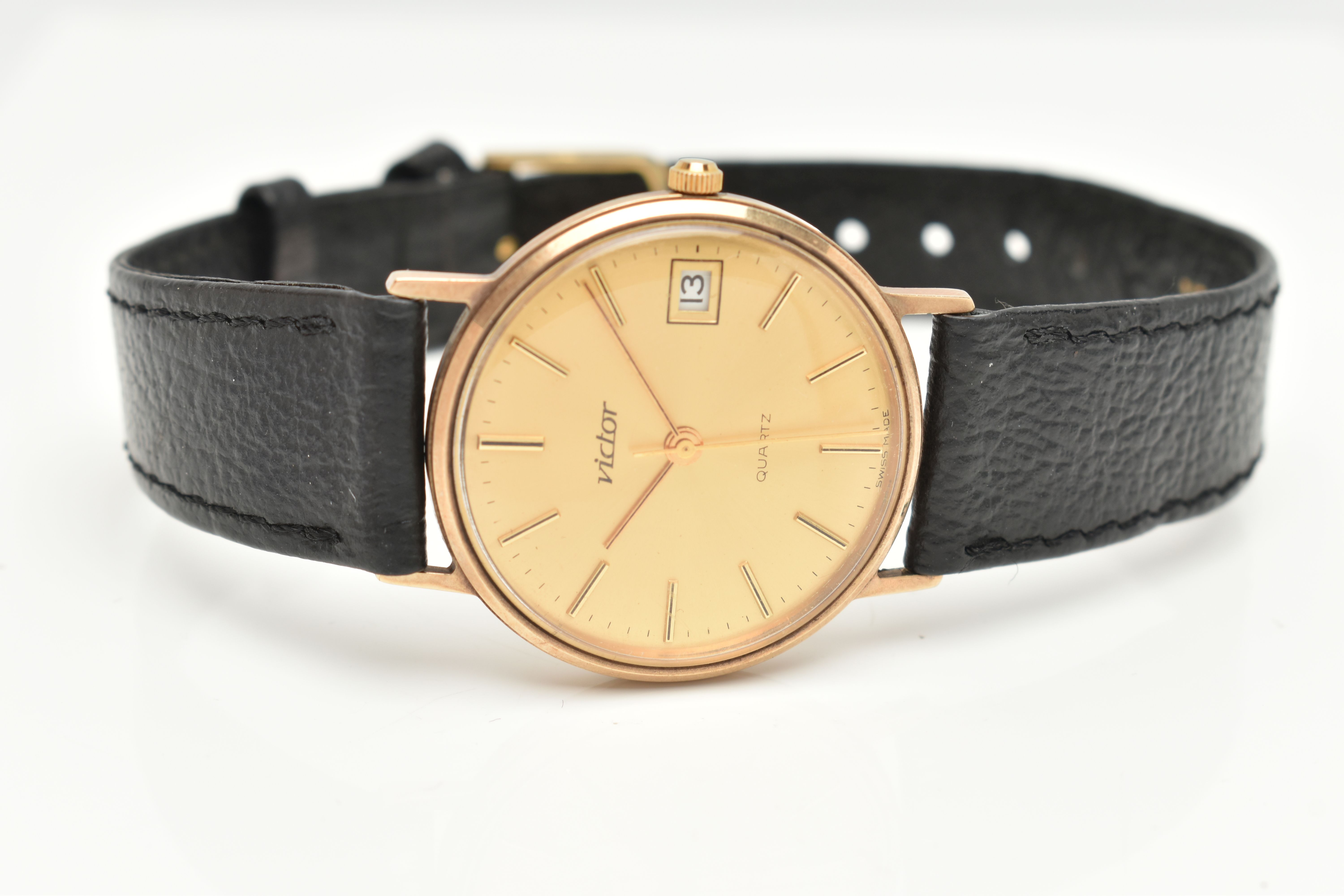 A GENTS 9CT 'VICTOR' WRISTWATCH, quartz movement, round gold dial signed 'Victor', baton markers, - Image 4 of 6