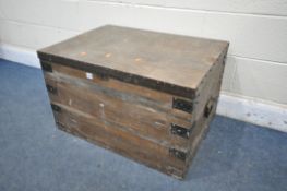 A WOODEN AND METAL BANDED MILITARY CHEST, with twin handles, width 80cm x depth 58cm x height