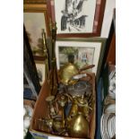 A BOX AND LOOSE METAL WARES AND PICTURES, to include a copper kettle with ceramic handle, two