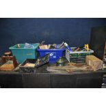 THREE TRAYS CONTAINING TOOLS including a vintage bottle jack, two vintage back saws, a 6in square, a