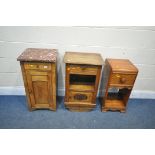 A FRENCH OAK BEDSIDE CABINET, a 1940's oak bedside cabinet, and a walnut marble top bedside