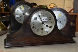 THREE OAK CASED MANTEL CLOCKS, eight day striking, one clock has maker's mark Smiths Enfield, two