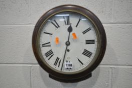 A MAHOGANY CIRCULAR SINGLE FUSEE WALL CLOCK, the glazed door enclosing a 9 inch enamel dial with