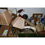 SEVEN BOXES OF HOUSEHOLD SUNDRIES, CHRISTMAS DECORATIONS, BOOKS, CDS, TABLE LAMPS, PRINTS, ETC,