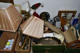 SEVEN BOXES OF HOUSEHOLD SUNDRIES, CHRISTMAS DECORATIONS, BOOKS, CDS, TABLE LAMPS, PRINTS, ETC,