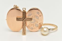 A LOCKET PENDANT, CROSS PENDANT AND RING, oval floral detailed locket, opens to reveal two photo