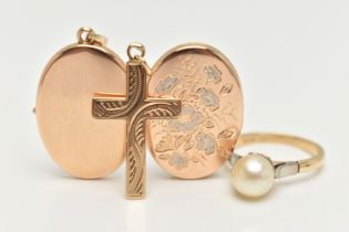 A LOCKET PENDANT, CROSS PENDANT AND RING, oval floral detailed locket, opens to reveal two photo