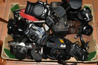 A BOX OF CAMERAS, to include a Canon EOS 1000F (camera body only), Praktica BC1 Electronic, Praktica