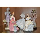 FIVE FIGURINES, to include a Royal Dux female figure carrying two baskets of flowers, printed and