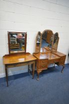 A WALNUT BOWFRONT DRESSING TABLE, with a triple mirror and five drawers, width 117cm x depth 54cm