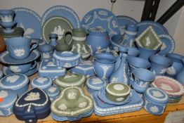 A QUANTITY OF WEDGWOOD JASPERWARES, over sixty pieces to include jugs, vases, a covered vase