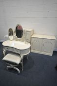 A MATCHED CREAM FRENCH BEDROOM SUITE, comprising a kidney dressing table with a triple mirror, and a