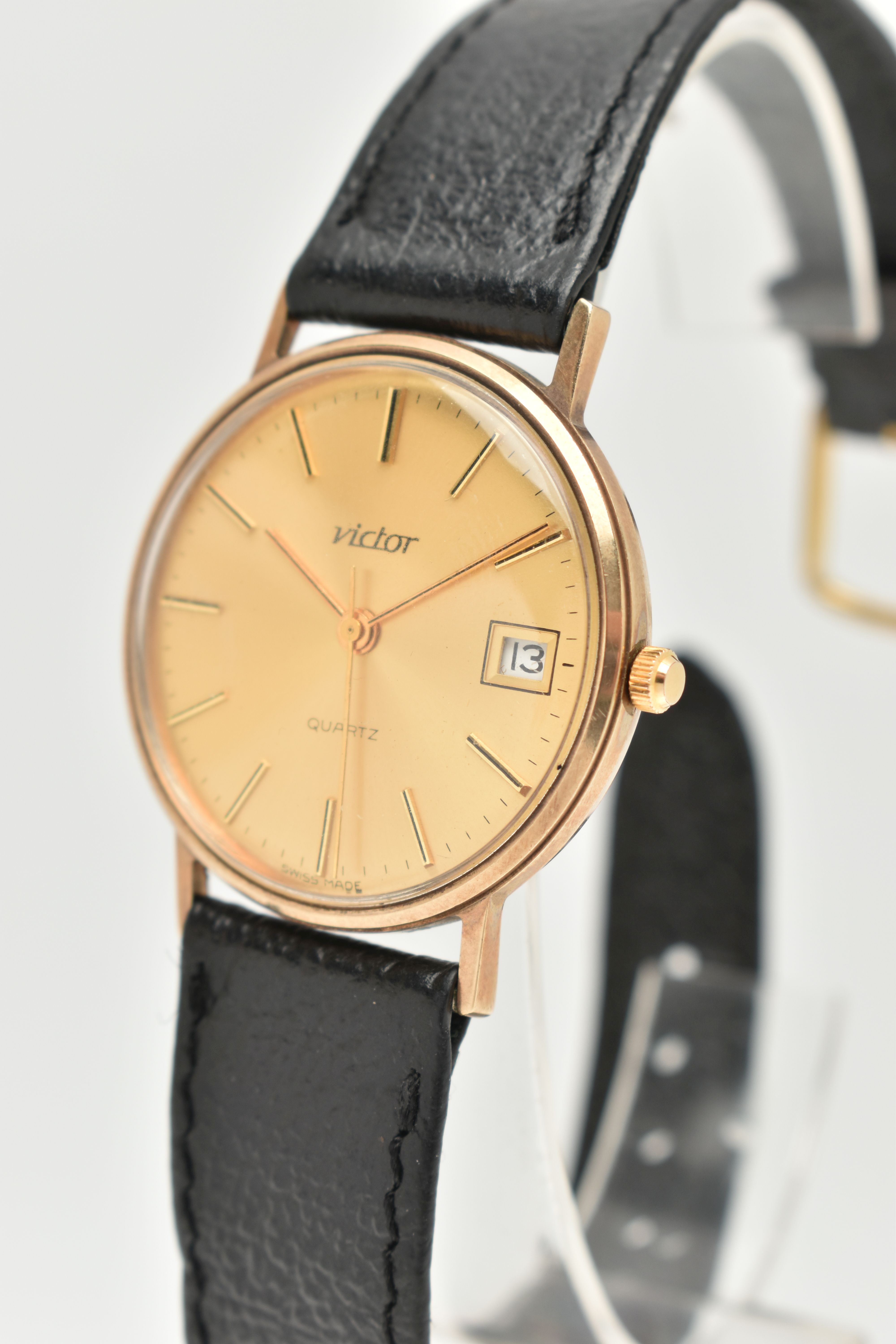 A GENTS 9CT 'VICTOR' WRISTWATCH, quartz movement, round gold dial signed 'Victor', baton markers, - Image 3 of 6