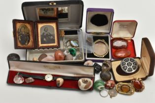 A BOX OF ASSORTED ITEMS, to include a Victorian photo frame, fitted with one Victorian early