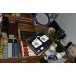 THREE BOXES AND LOOSE CERAMICS, GLASS, BOOKS, PICTURES, ETC, including a boxed incomplete Royal