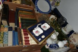 THREE BOXES AND LOOSE CERAMICS, GLASS, BOOKS, PICTURES, ETC, including a boxed incomplete Royal