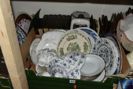 FIVE BOXES OF BOOKS AND CERAMICS, to include Meakin 'Blue Nordic' pattern dinnerware, Mason's 'Fruit
