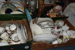 FOUR BOXES OF CERAMICS, to include a large 'Ship in a bottle', an Aynsley tea set decorated in