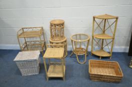 A SELECTION OF WICKER OCCASIONAL FURNITURE, to include three various stands, three various