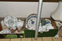 TWO BOXES OF CERAMICS AND A TABLE LAMP, to include a Coalport 'Revelry' pattern trinket dish and a
