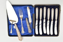 AN ASSORTMENT OF SILVER ITEMS, to include a cased set of six silver handled tea knives,