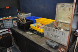 TWO TOOLBOXES, THREE PLASTIC BOXES AND A WOODEN BOX CONTAINING TOOLS including an AVO MultiMinor,
