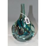 A MDINA GLASS FACET CUT CUBE VASE, the slender conical neck over a cube with four circular facets,