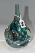 A MDINA GLASS FACET CUT CUBE VASE, the slender conical neck over a cube with four circular facets,
