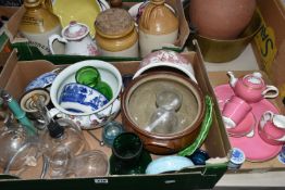 THREE BOXES OF CERAMICS, to include a pink and white gilt tea set of teapot, tray, sugar bowl,