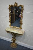 A LATE 20TH CENTURY ITALIAN GILT TWO PIECE CONSOLE AND MIRROR SET, the rectangular mirror with