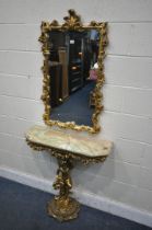 A LATE 20TH CENTURY ITALIAN GILT TWO PIECE CONSOLE AND MIRROR SET, the rectangular mirror with