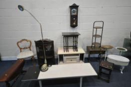 A SELECTION OF OCCASIONAL FURNITURE, to include an oak folding cake stand, cream tv stand, painted